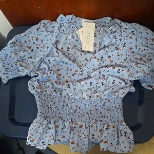 Blue Floral Smocked Top